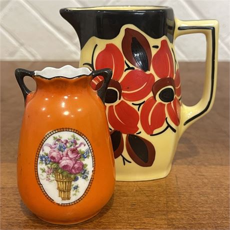 Hand-Painted Czechoslovakian Floral Vase & Pitcher