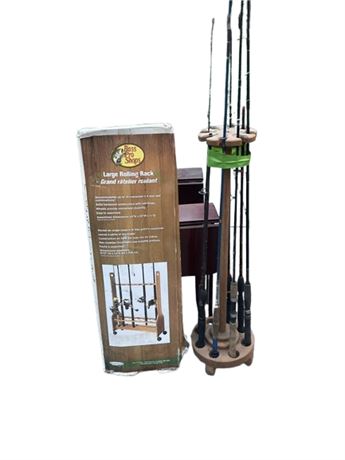 Fishing Rod Rolling Storage Rack and round rack with fishing poles