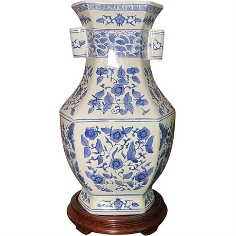 Oriental Chinoiserie Hand-Painted Ceramic Vase on Wooden Base