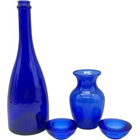 Blue Glass Bottle, Vase & (2) Candleholders