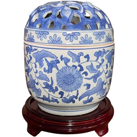 Oriental Chinoiserie Hand-Painted Ceramic Lidded Flower Frog Vase on Wood Base