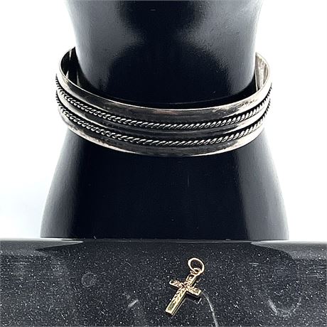 925 Sterling Silver Bangle Bracelet with 14K Gold Cross Pendant