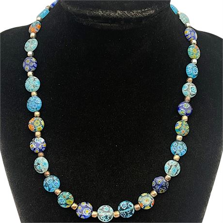 925 Sterling Silver Millefiori Art Glass Beaded Necklace