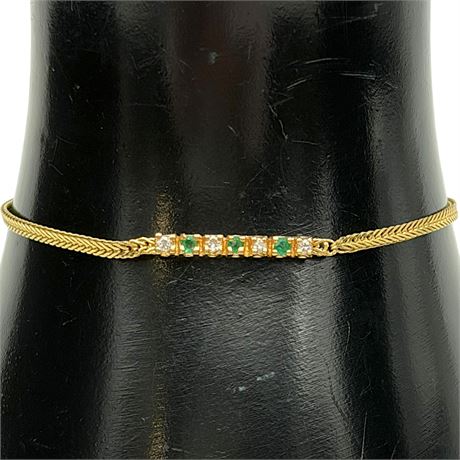 14K Yellow Gold Emerald & Diamond Bar Tennis Bracelet w/ Velvet Lined Box