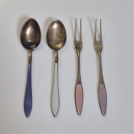 Antq .925 Frigast & MCM David‑Andersen Sterling Flatware 2 Forks & 2 Spoons