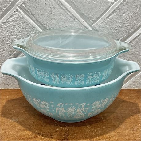Vtg Pyrex "Amish Butterprint" Cinderella Mixing Bowl & Lidded Casserole Dish