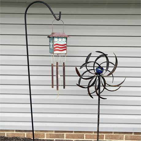 Metal Whirligig, Shepherds Hook and Patriotic Windchime