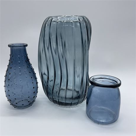 Smokey Blue Glass Vase Trio