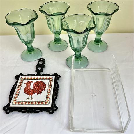 (4) Ice Cream Sunday Glasses, Rooster Trivet Tile, and Acrylic Napkin Holder