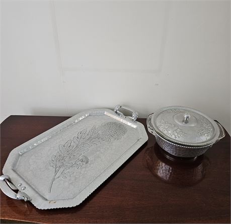 Continental Mark Hand Wrought Serving Tray& Nasco Hammered Aluminum Serving Dish