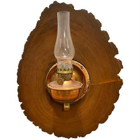 Copper Oil Lamp Mounted on Natural-Edge Wood Slice Wall Decor