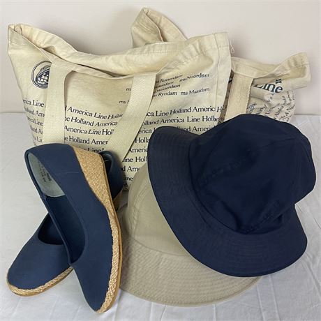 Sz 10 Butterflies Wedge Slip-ons, Bucket Hats & Holland American Line Bags