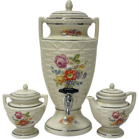 Vtg Urn Style Porcelain Electric Percolator w/ Sugar and Creamer Dishes