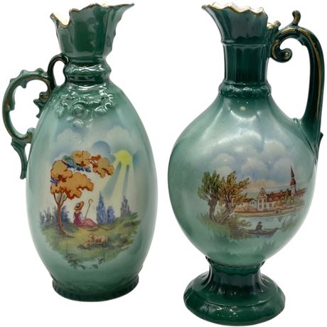 (2) Vtg Czechoslovakian Porcelain Ewers Featuring Pastoral Scenes