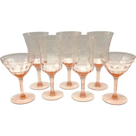 (7) Vtg Pink Depression Glass Etched Design Stemware