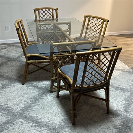 Vtg Bamboo Base Glass Top Dining Table with 4 Chairs