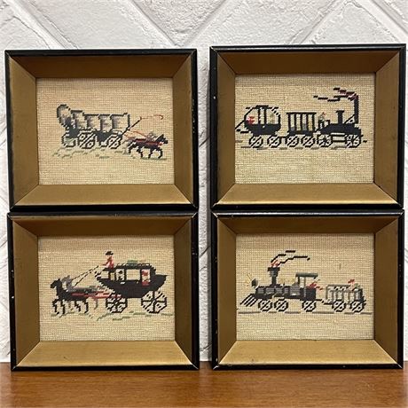 (4) Vtg Framed Needlepoint Art Pieces of Transportation