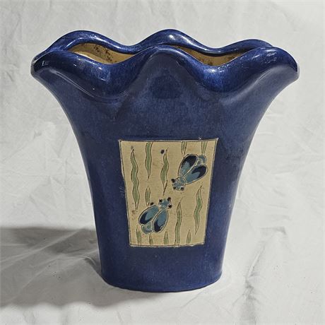 Cobalt Blue Glazed Flower Pot Dragonfly