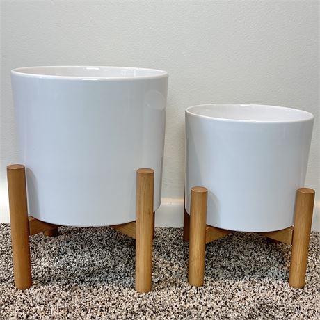 Pair of Glazed Ceramic Planters on Wood Stands