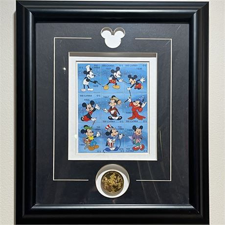 Mickey Mouse Through the Years Gambia Stamp Collection & Bronze Medallion w/ COA
