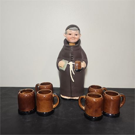 1950's Friar Tuck Ceramic Decanter Bottle by Nikoniko w/ 6 Mini Shot Mugs