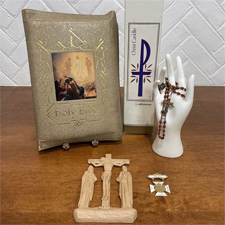 Vintage Illustrated Catholic Bible, Rosary & Other Religious Items