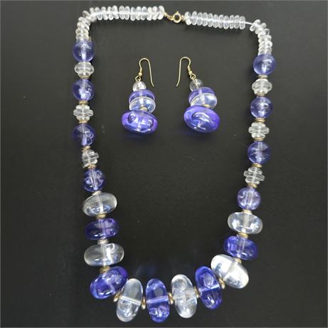 Vintage Chunky Plastic Purple/Clear Beaded Necklace & Earrings Set