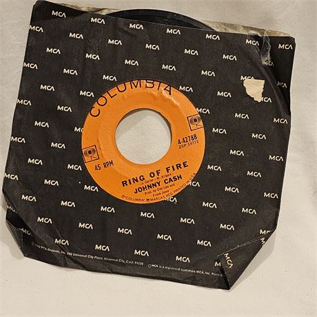 45 RPM vinyl record of Johnny Cash's song "Ring of Fire."