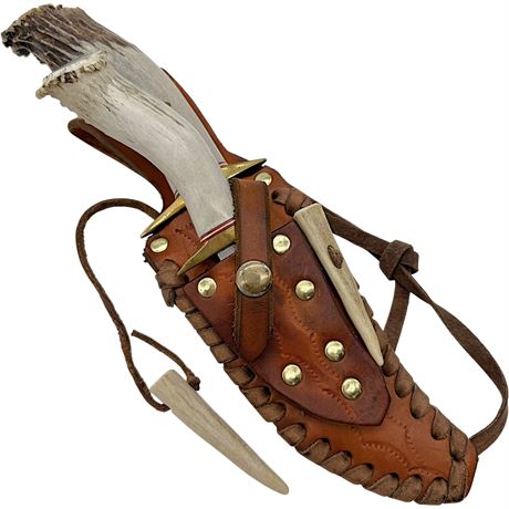 Ken Richardson Crown Stag Bowie and Skinner Set in Leather Sheath