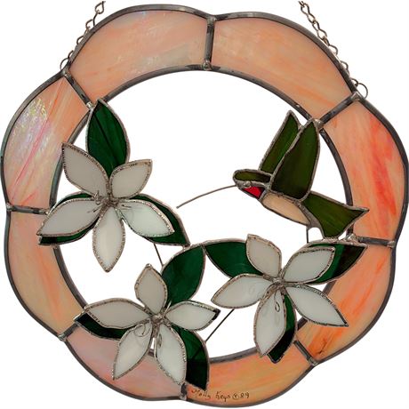1989 Molly Keys Stained Glass Hummingbird & Floral Suncatcher