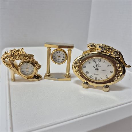 3 Miniature Gold Finish Clocks