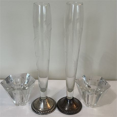 2 Duchin Creations Sterling Weighted Bud Vases & 2 Etched Crystal Taper Holders