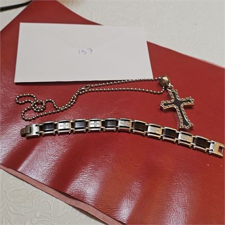Stainless Steel  Bracelet with Black Diamond Crosses Necklace