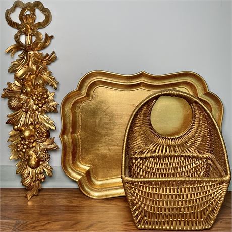 Gold Toned Decor w/ Italian Resin Wall Plaque, Wall Pocket, and Tray