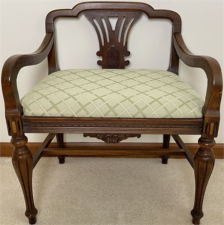 Antique Vanity Chair with Solid Wood Base and Light Mint Green Upholstered Seat