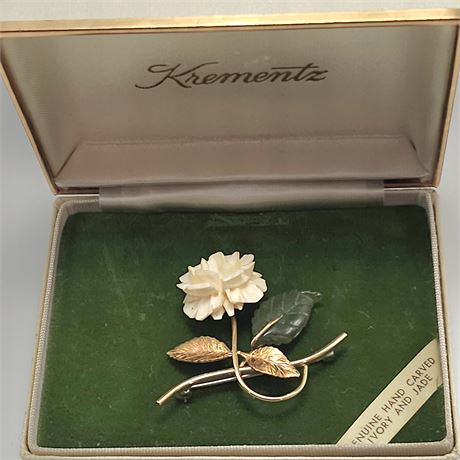 Krementz Hand Carved Ivory & Jade Brooch in Original Box