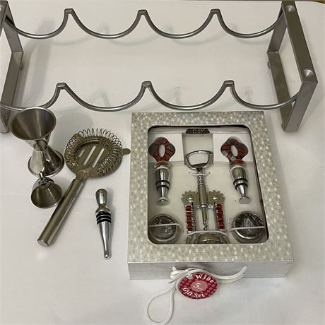 4-Bottle Wine Rack, 5pc Wild Eye Designs Wine Tool Set & Other Barware