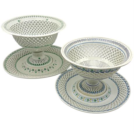 Pair of Antique Royal Vienna Porcelain Lattice Basket Dishes on Presentoirs