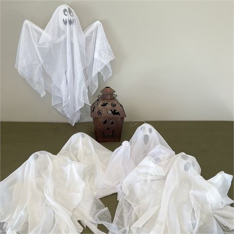 (5) Hanging Ghosts & Metal Pumpkin Lantern