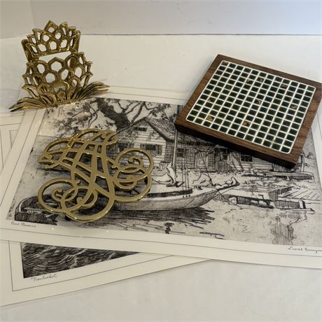 Brass Trivet Mosaic Trivets, Brass Letter Holder & 4 Lionel Barrymore Placemats