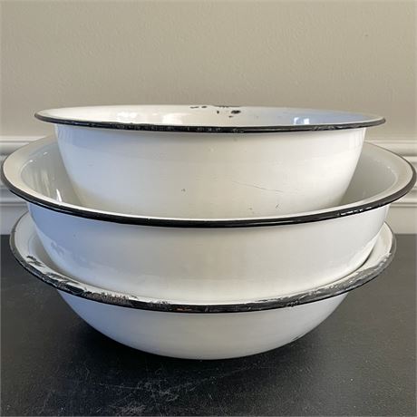 (3) Vtg Enamelware Black Trim Mixing Bowls