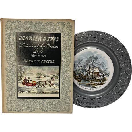 1942 Currier & Ives Book by Harry T. Peters & Pewter / Ceramic Collectors Plate