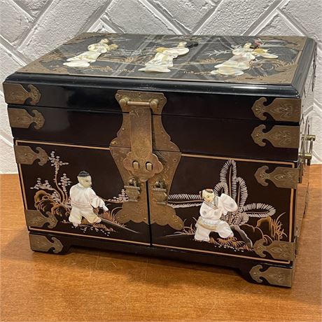 Vtg Hand-Carved Soapstone Black Lacquered Wood Oriental Jewelry Chest