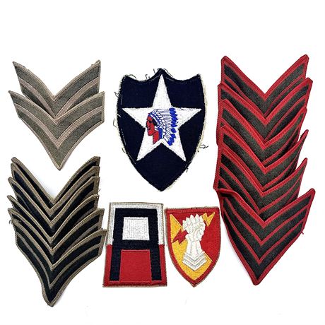 Army Patches- WWII 1st Army, Korean 2nd Infantry, 38th Artillery & Rank Chevrons