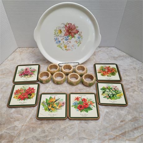 Napkin rings and flower theme tray w/coasters