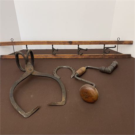 Primitive Ice Grabber and Hand Drill w/ Handcrafted Coat Hanger and Horseshoe