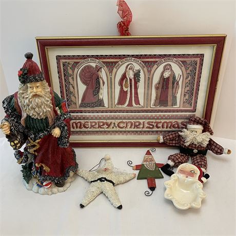 Santa Claus Motif Lot - Framed Print, Statue, Plush, Ornament and Trinket Dish