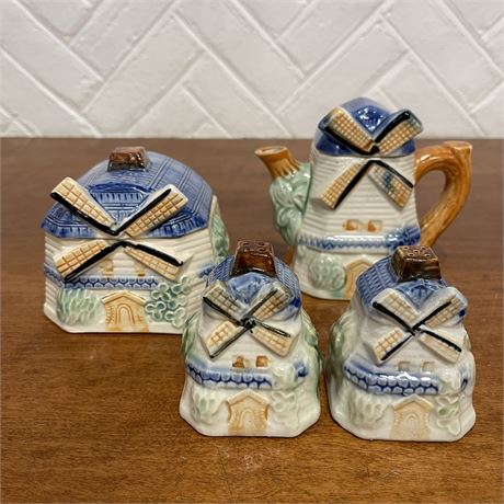 Vtg Windmill Cottage Core Teapot, Lidded Sugar Dish and S&P Shakers Set