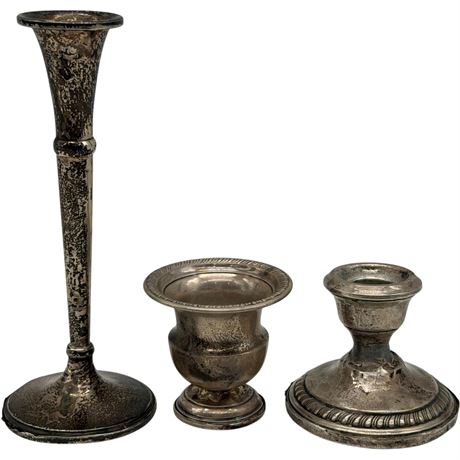 925 Sterling Silver Weighted Vases & Candlestick Holder *Cement Mainly Removed*