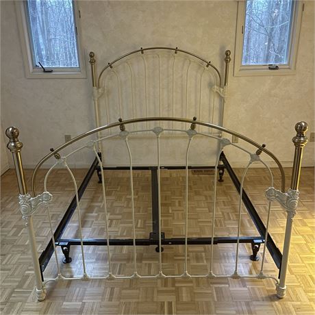 Vintage 1950's Queen Size Painted Iron and Brass Bedframe